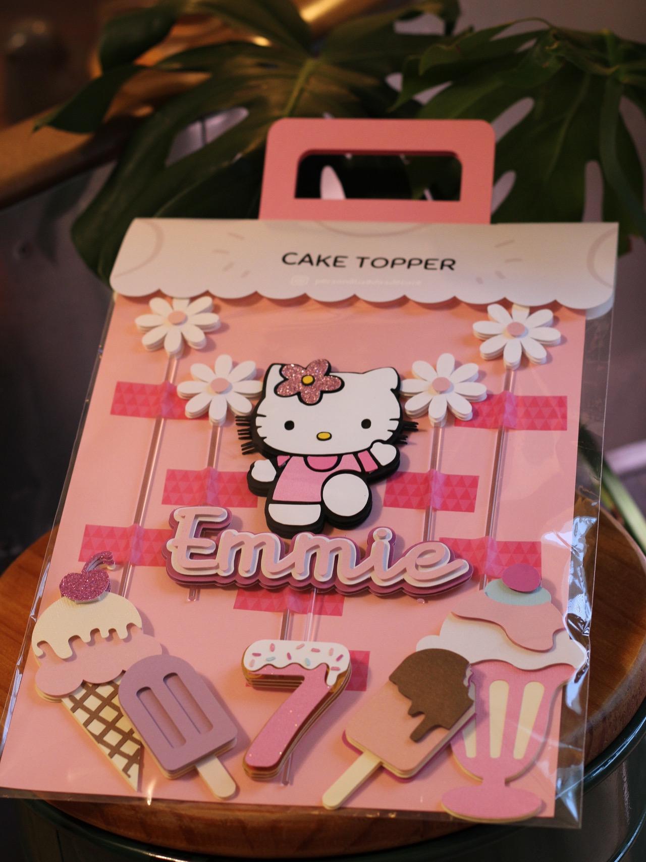Kitty With Ice Cream & Flowers Personalized Cake Topper