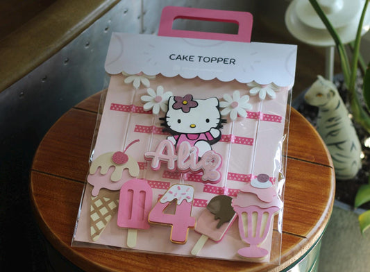 Kitty With Ice Cream & Flowers Personalized Cake Topper