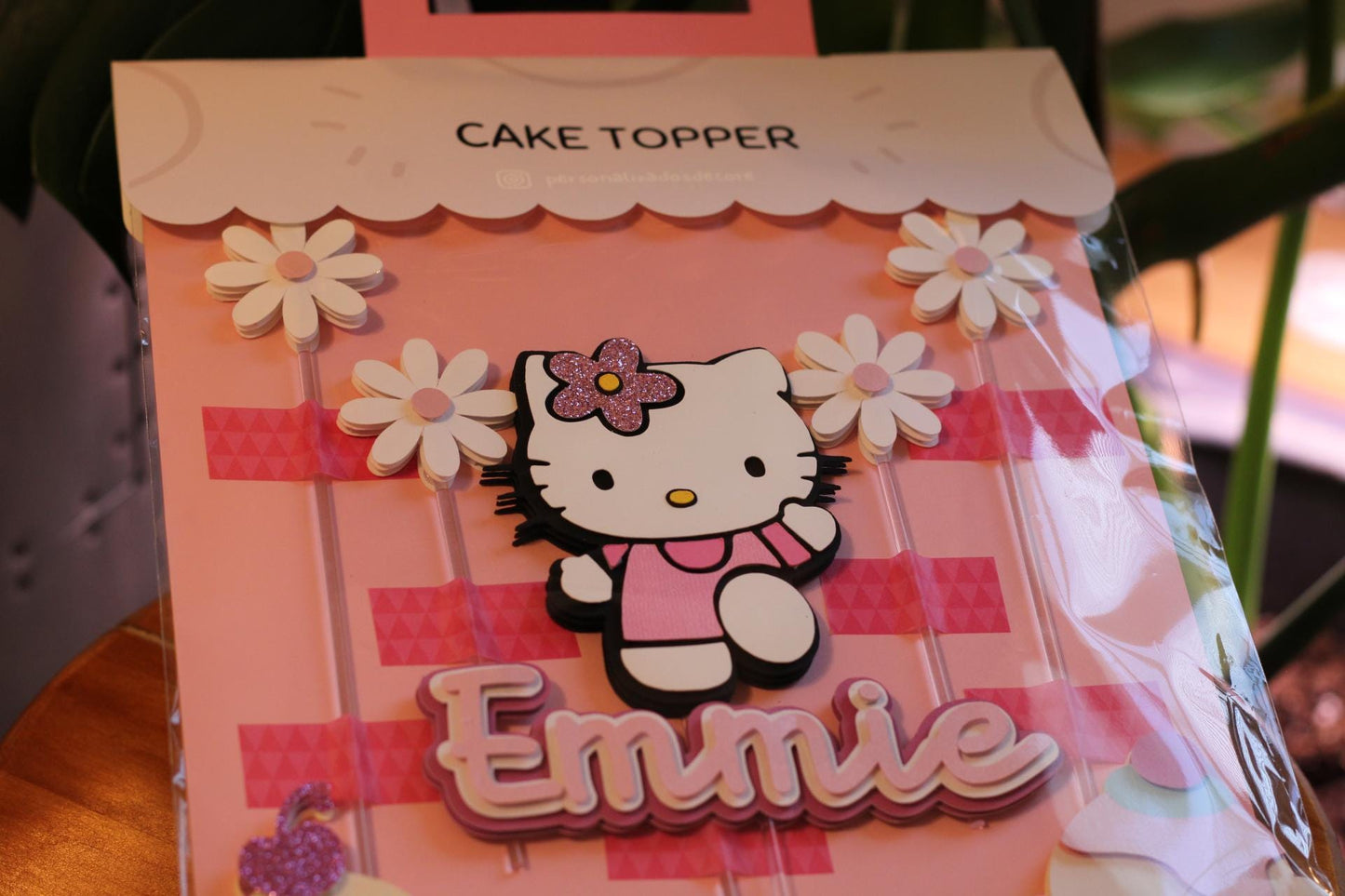 Kitty With Ice Cream & Flowers Personalized Cake Topper