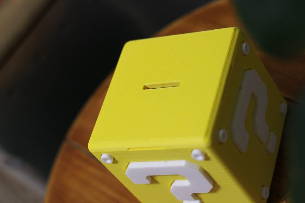 Yellow Question Mark Prize Box Classic Video Game Style Piggy Bank