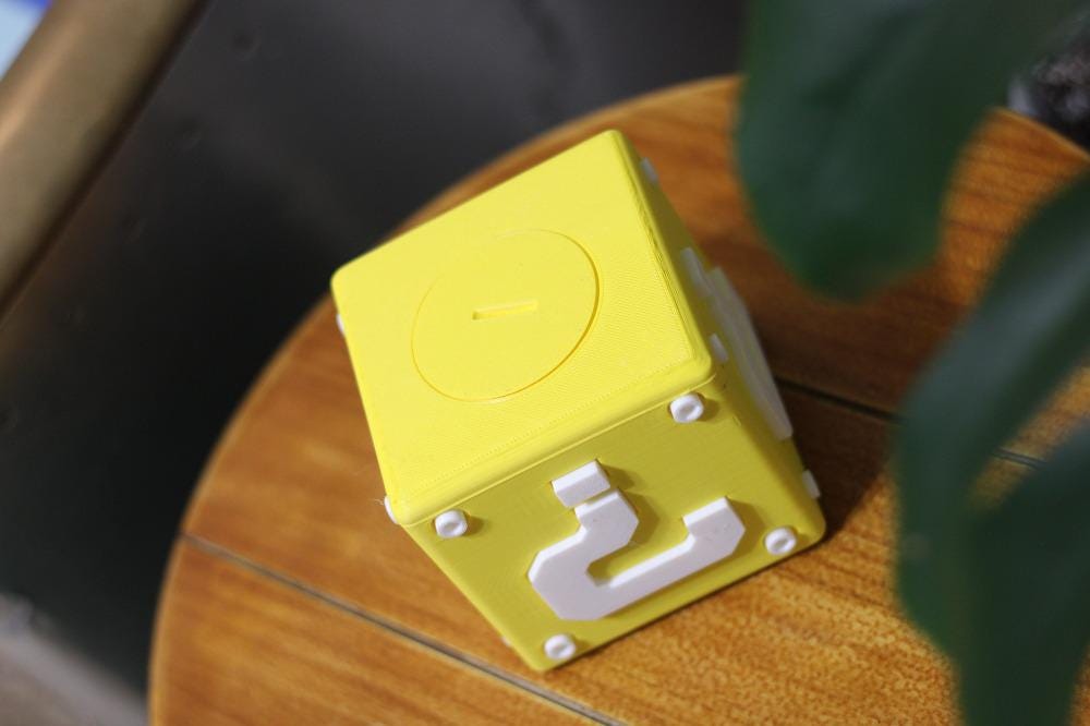 Yellow Question Mark Prize Box Classic Video Game Style Piggy Bank